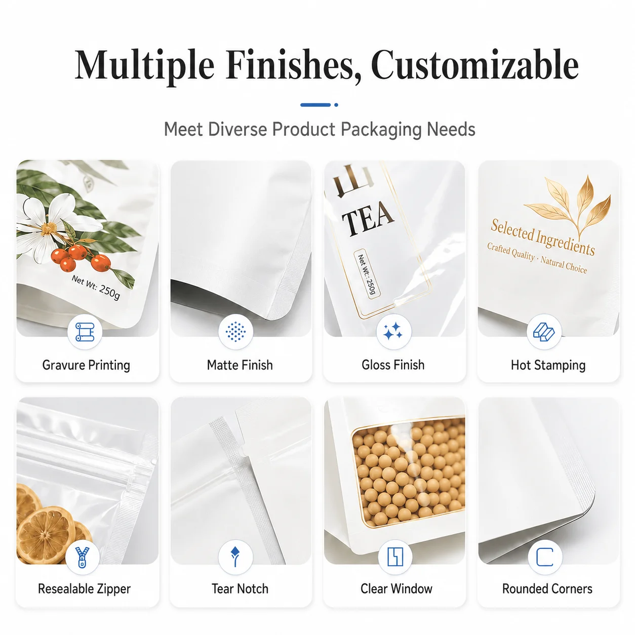 Customizable features and options for pouch packaging