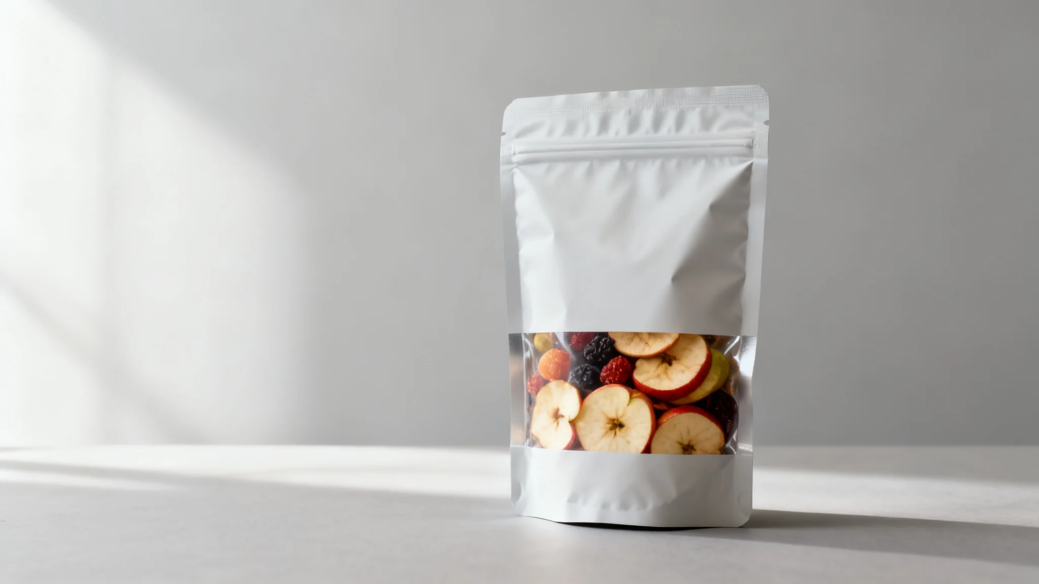 Stand-up dried fruit packaging pouch holding mixed dried fruit and apple chips